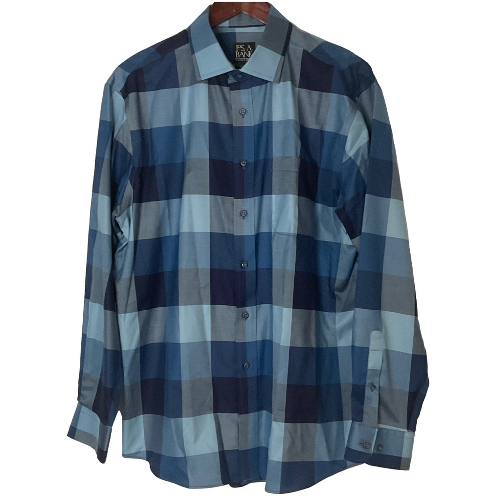 Jos. A. Bank Travelers Collection Blue Plaid Tailored Fit Long Sleeve Sz Large